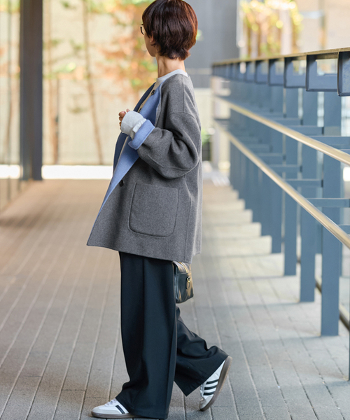 セール】《新色》リバーシブルノーカラーショートコート（ノーカラー