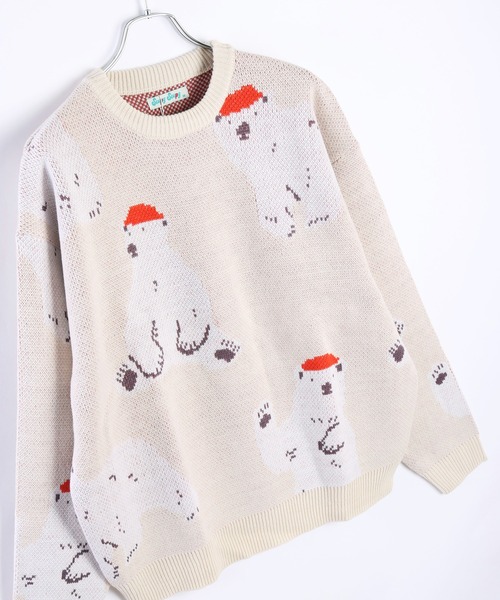 セール】アニマルモチーフ 総柄ジャガードニット（シロクマ・黒猫