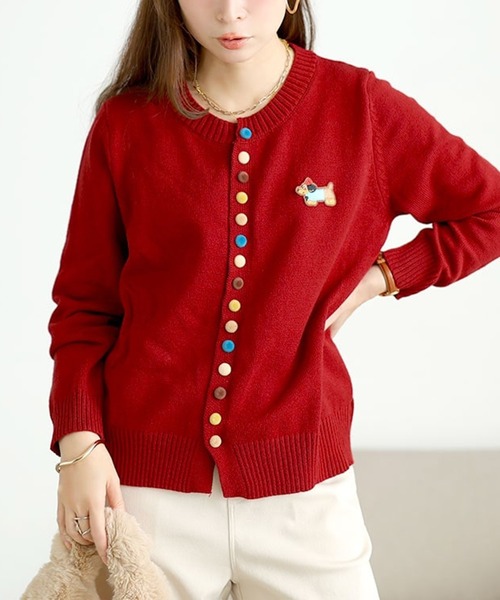 カラフルボタンワッペン付きニットカーディガン【大きいサイズ対応