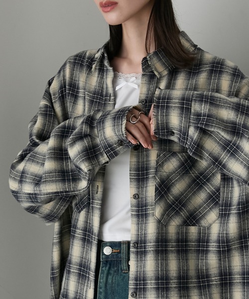forksy.】フリンジ加工チェック柄オーバーサイズシャツ（シャツ