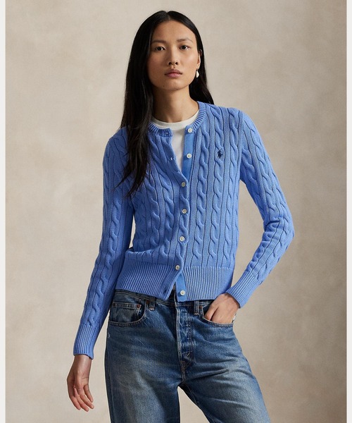 ケーブルニット コットン クルーネック カーディガン（カーディガン