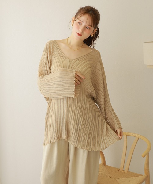 sheer lib over size v neck knit /シアー リブ オーバーサイズ V