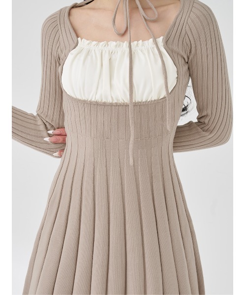 ネックリボンデザインフレアニットミニワンピース（ワンピース