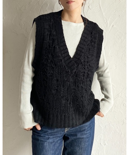 セール】深Vネックケーブル編み風ざっくりニットベスト（ベスト