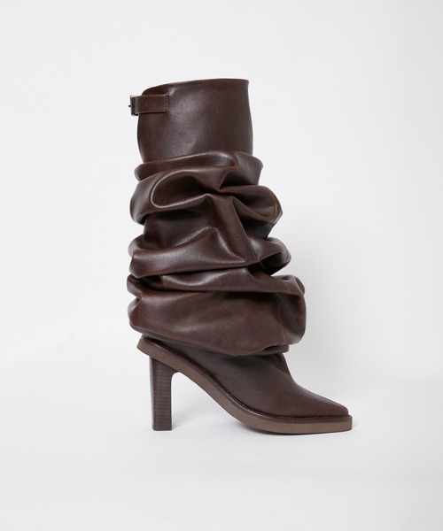 POOLDE/プールデ】Melted Boots Brown/ロングブーツ/ギャザー（ブーツ