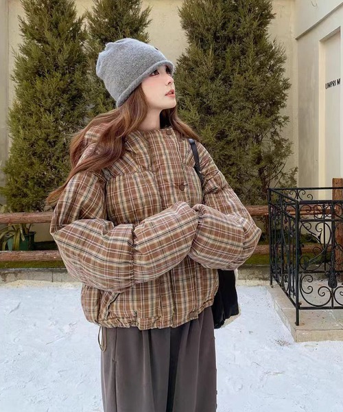 セール】チェック柄フード付き中綿ジャケット（ダウンジャケット