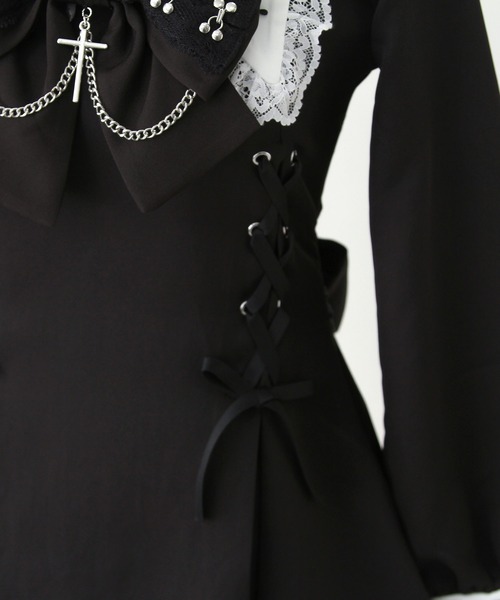 十字架クロススタッズチェーンレースアップフリルセーラーワンピース