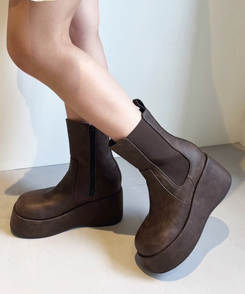 マイナス3キロ見え】サイドゴアボリュームソールショートブーツ