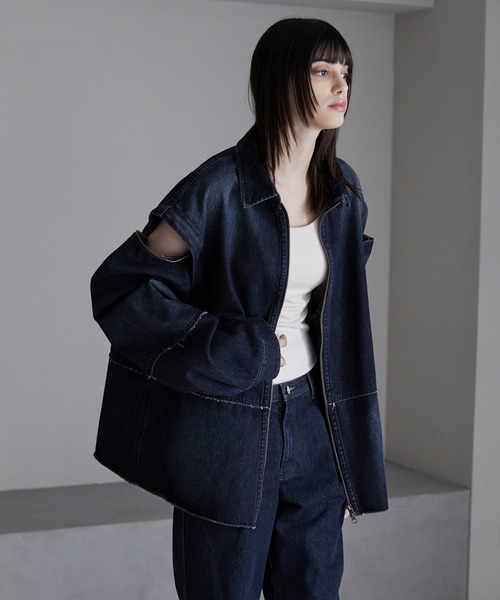 セール】Shoulder ZIP cut-off vintage make denim jacket/ ショルダー
