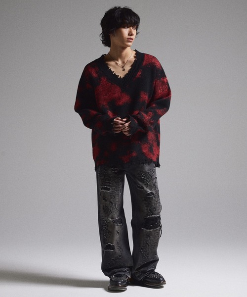 GRANCY】Spray Damaged V-neck Wool Knit / スプレーダメージVネック