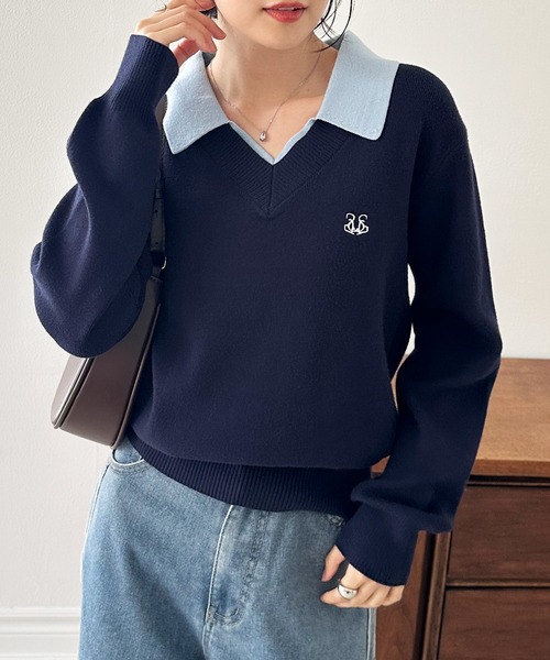 solleim（ソルレム）の「ワンポイント刺繍レイヤード襟付きポロニット