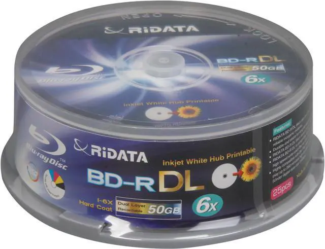 RiDATA 50GB 6X BD-R DL Inkjet White Hub Printable 25 Packs Disc