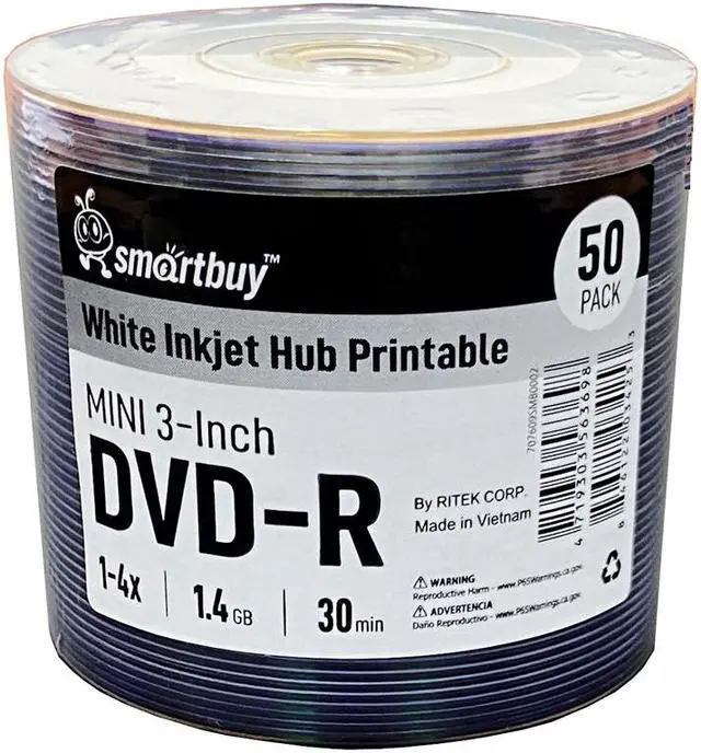 50 Pack Smartbuy Mini DVD-R 3 inch 8cm 4X 1.4 GB 30 Min Blank