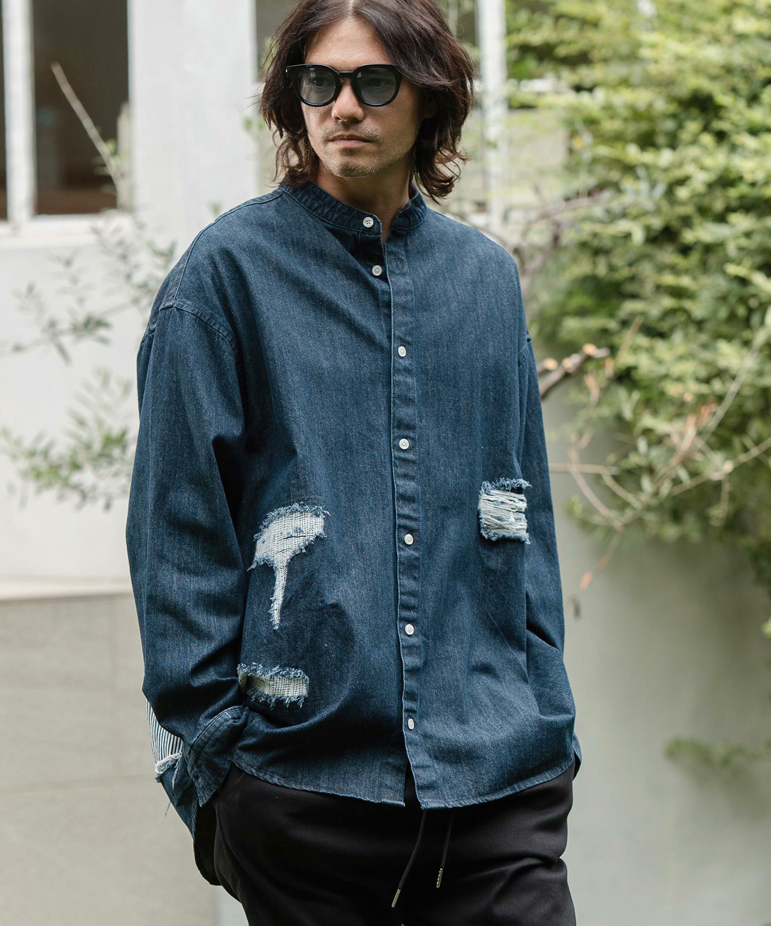 50%OFF【CAMBIO(カンビオ)】Distressed Hickory Repair Denim Shirts