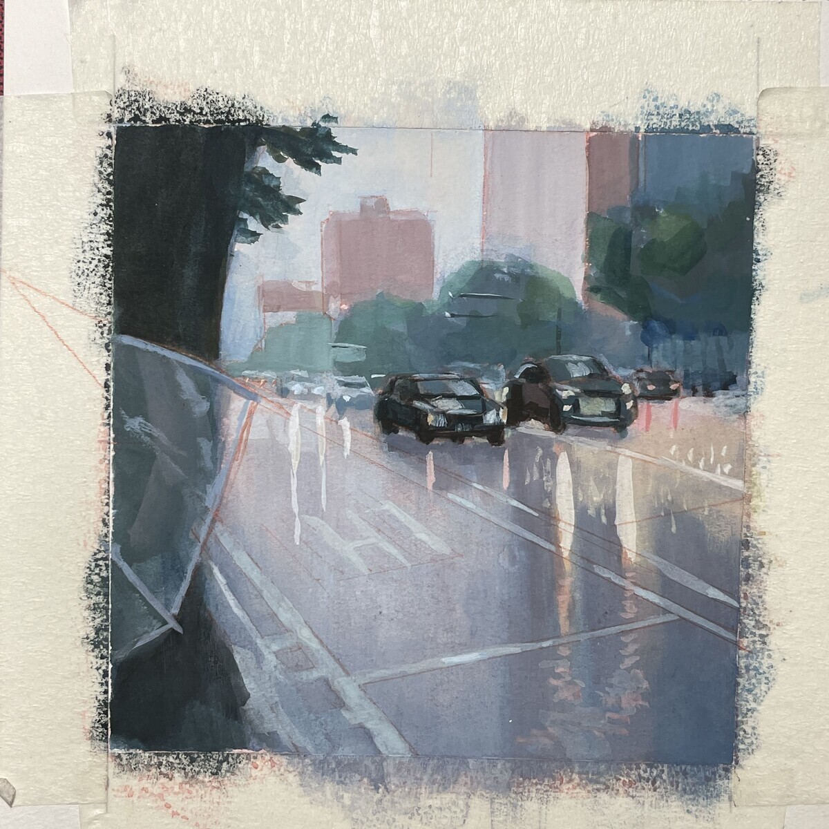 ガッシュで描く 一日一絵 風景『雨』ホルベイン不透明水彩 14日目 - 桃