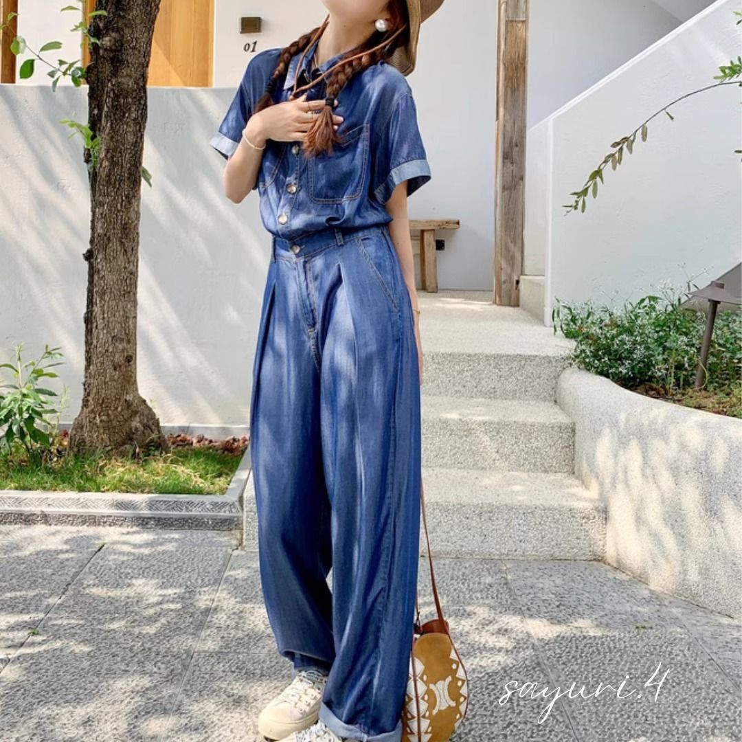 デニム ジャンプスーツ オールインワン つなぎ ルーズ (オールインワン