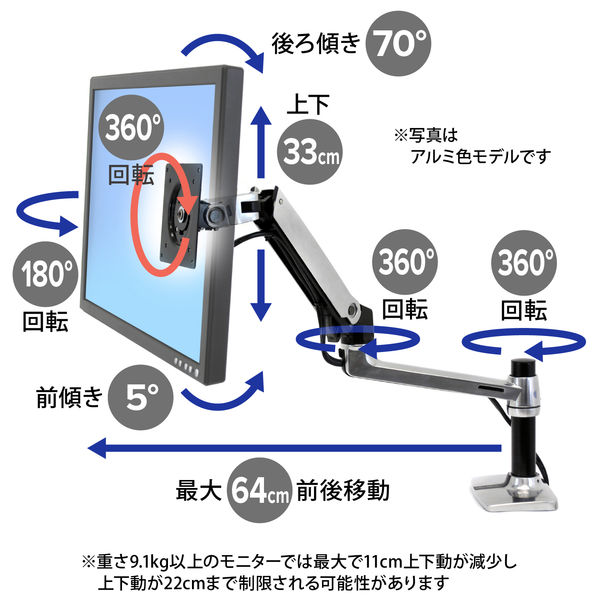 エルゴトロン LX モニターアーム マットブラック 34インチ(3.2～11.3kg