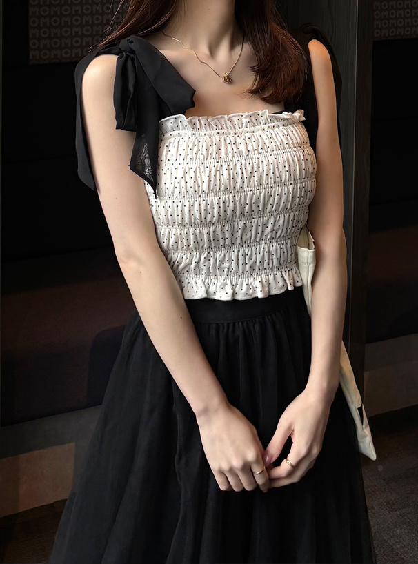 カップ入りドット柄リボンストラップキャミソール[dk1117