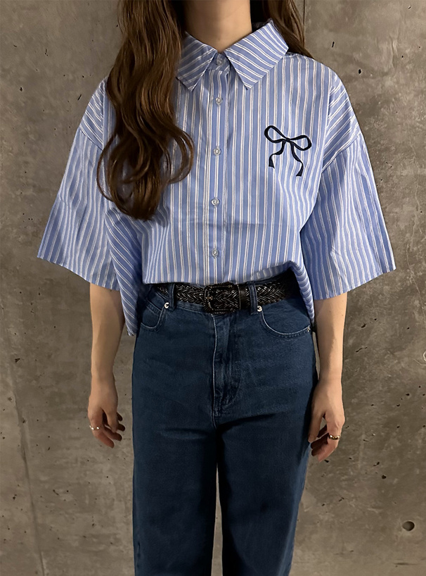 ストライプ柄リボン刺繍ショート丈ブラウス[fu177] | レディース