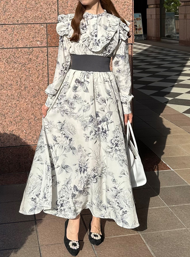 花柄フリルウエストリブフレアワンピース[kz413] | レディース