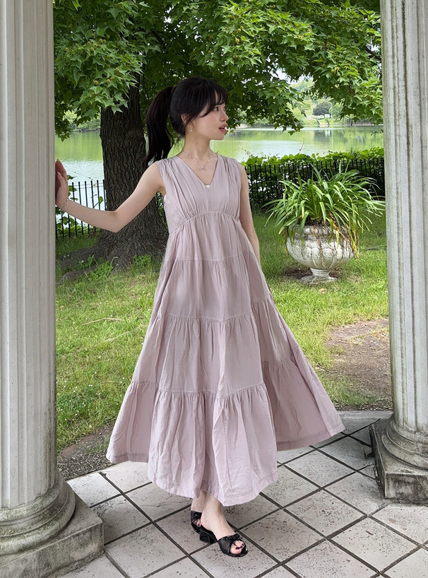 リボン付きVネックノースリーブティアードワンピース[k8975a