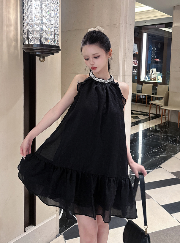 ネックビジューノースリーブティアードミニワンピース[ru1282