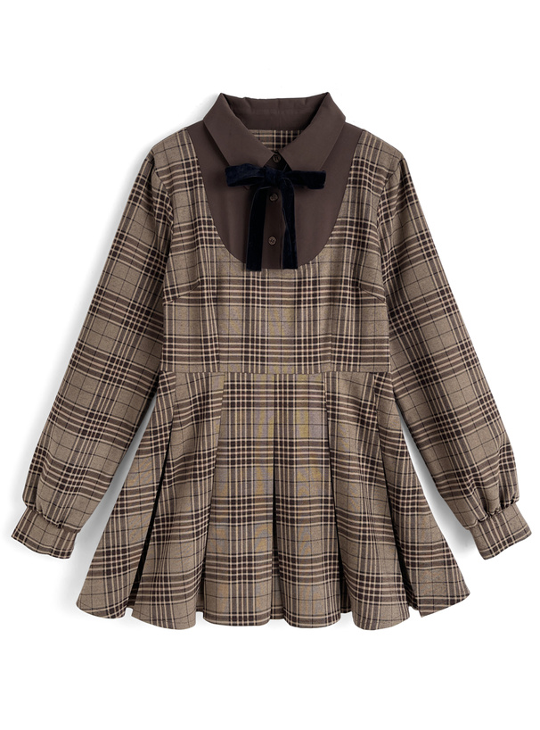リボン付きシャツドッキングチェック柄プリーツミニワンピース[tu1890