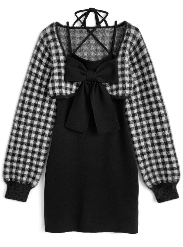 チェック柄シャギーボレロ×ホルターネックリボンミニワンピース