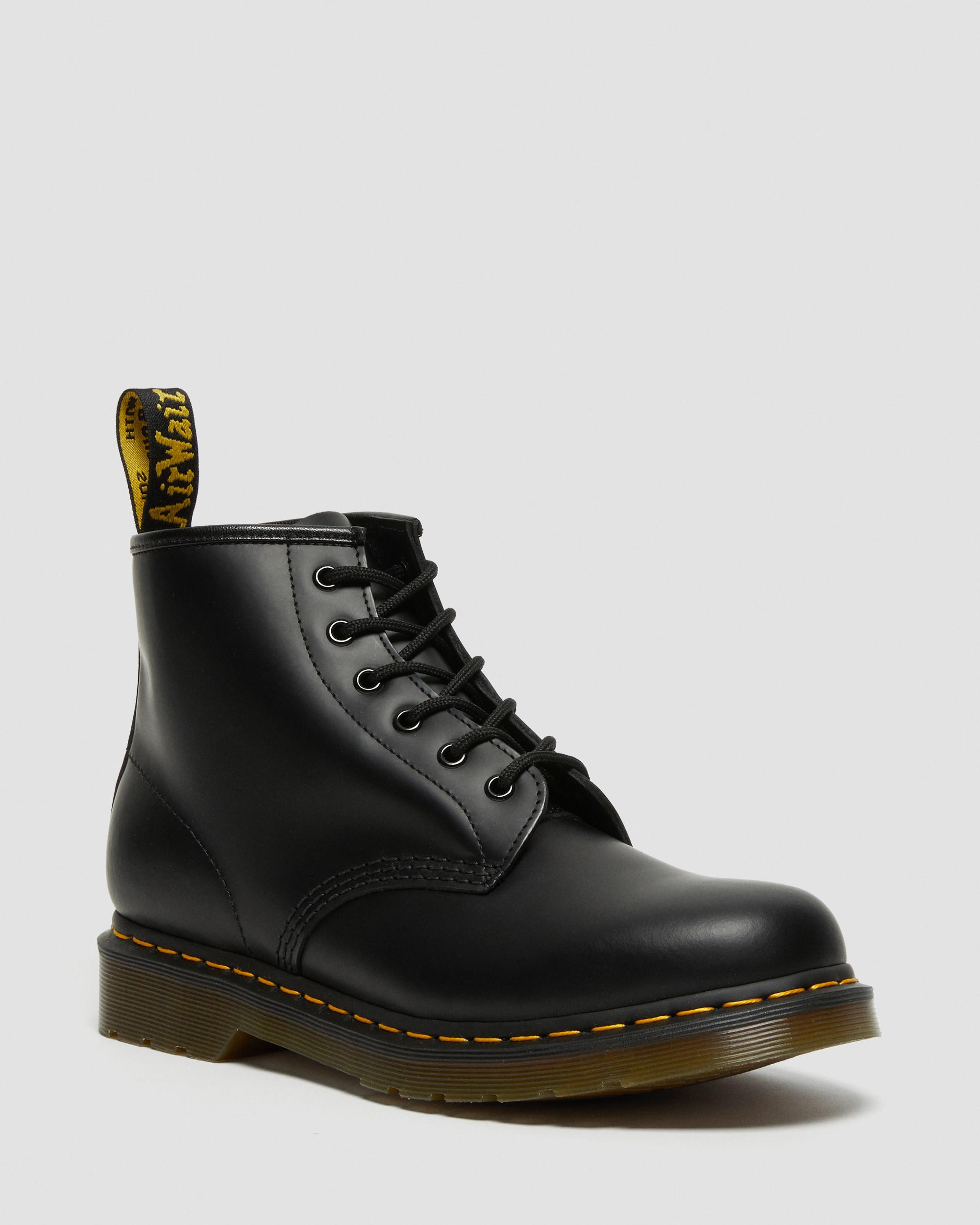 101 Yellow Stitch Smooth Leather Ankle Boots in Black | Dr. Martens