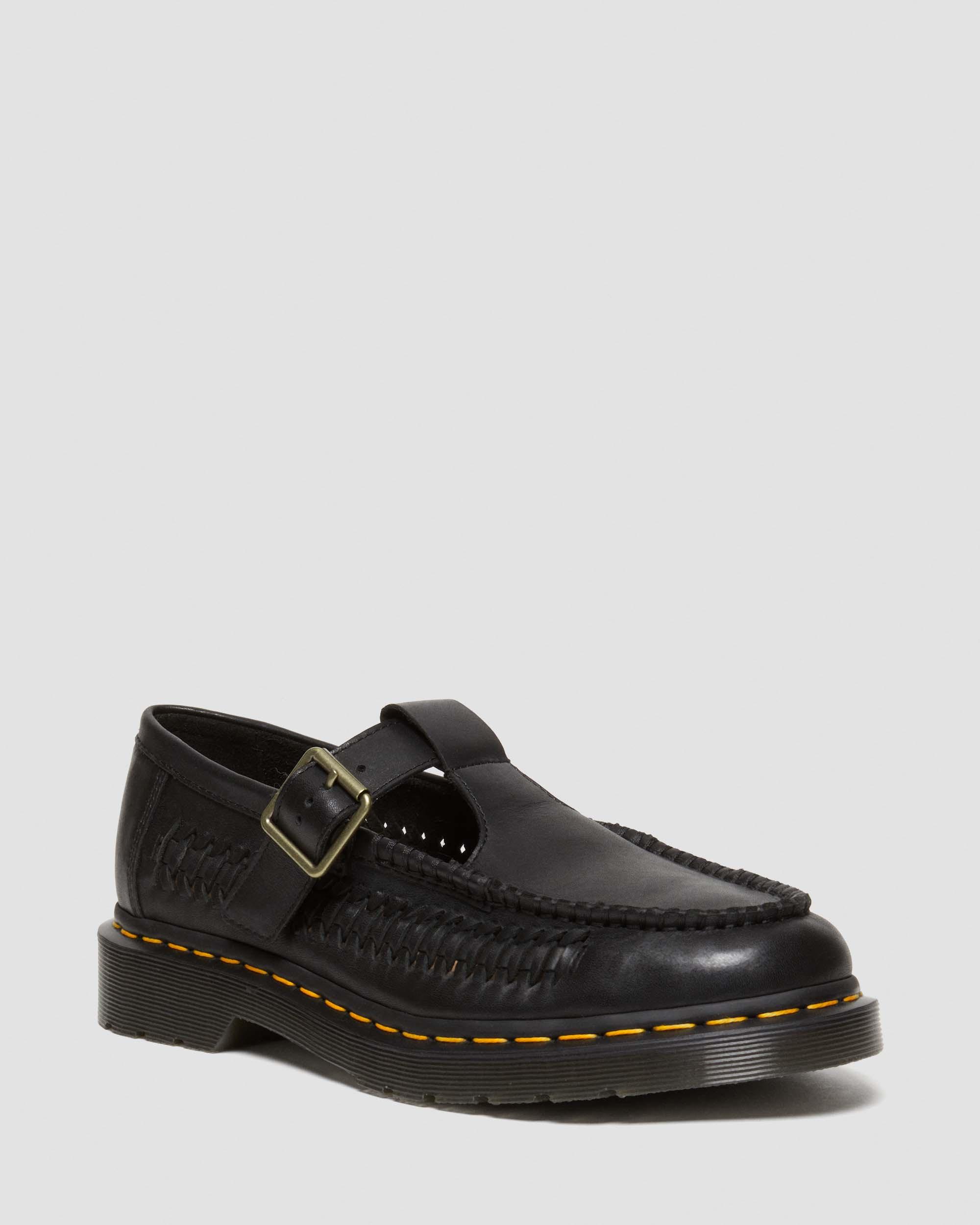 Adrian T-Bar Woven Leather Mary Jane Shoes in Black | Dr. Martens