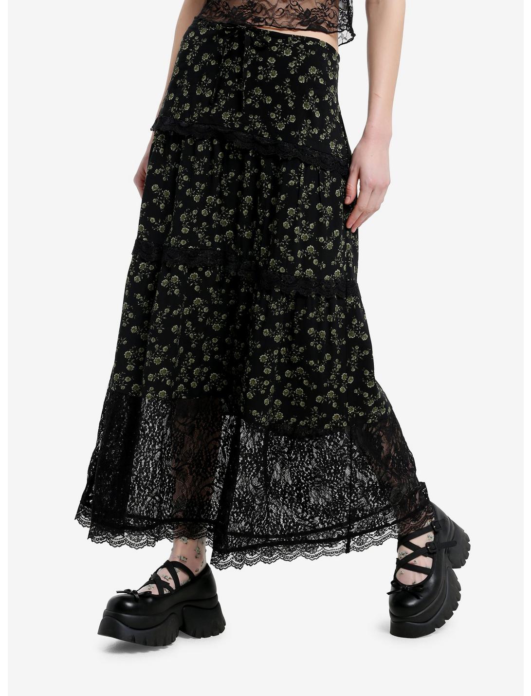 Thorn & Fable Green Flower & Black Lace Midi Skirt | Hot Topic