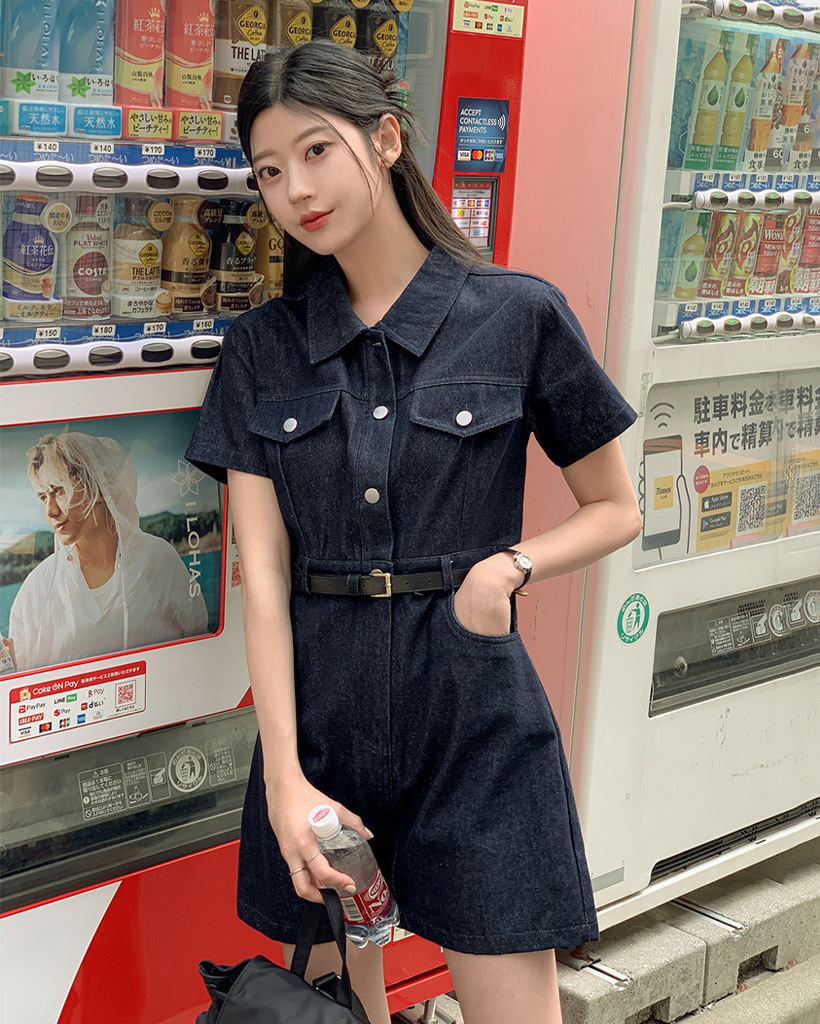 バックゴムブラックデニム半袖ミニワンピース | ファッション通販