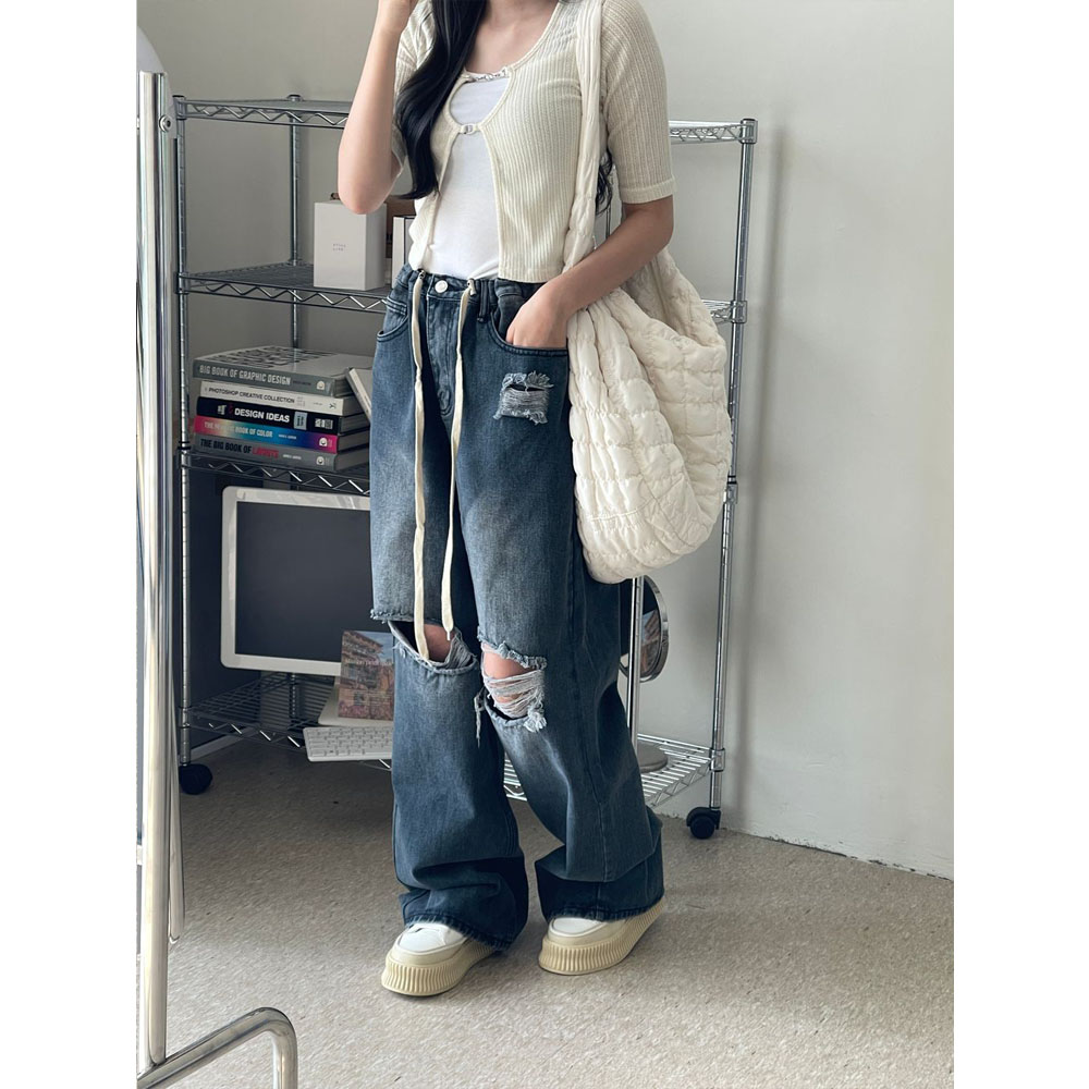 ストリングワイドダメージデニムパンツ | ファッション通販サイト NUGU