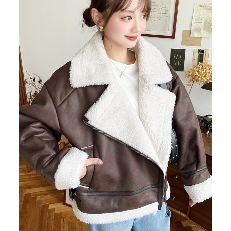 フェイクレザー×ボアフェイクムートンライダースジャケットブルゾン
