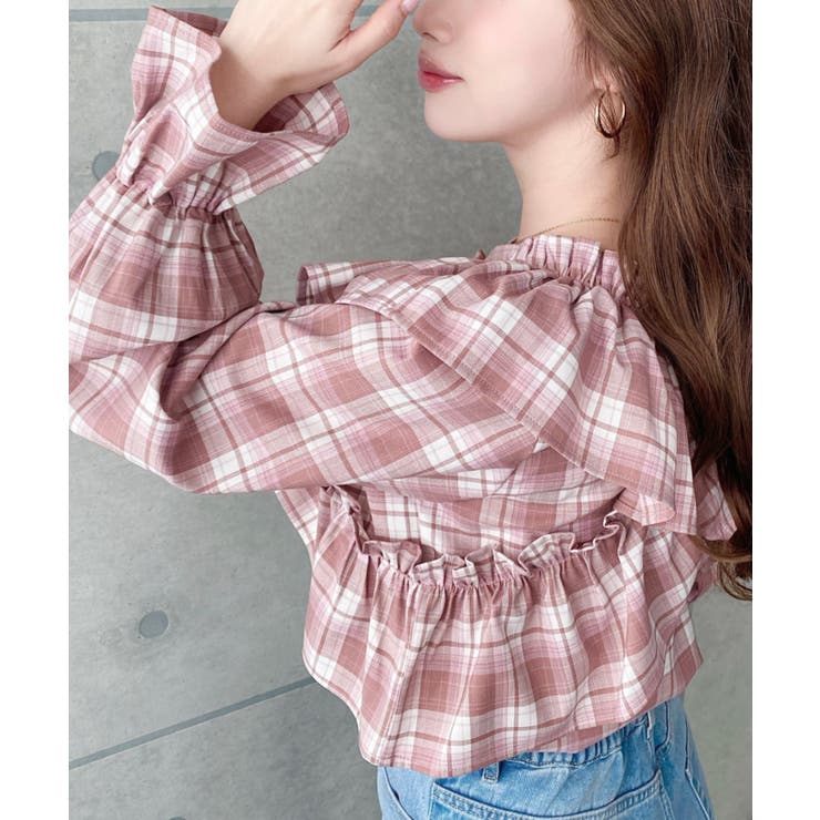 マルチウェイオフショルフリルリボンショート丈長袖チェックブラウス