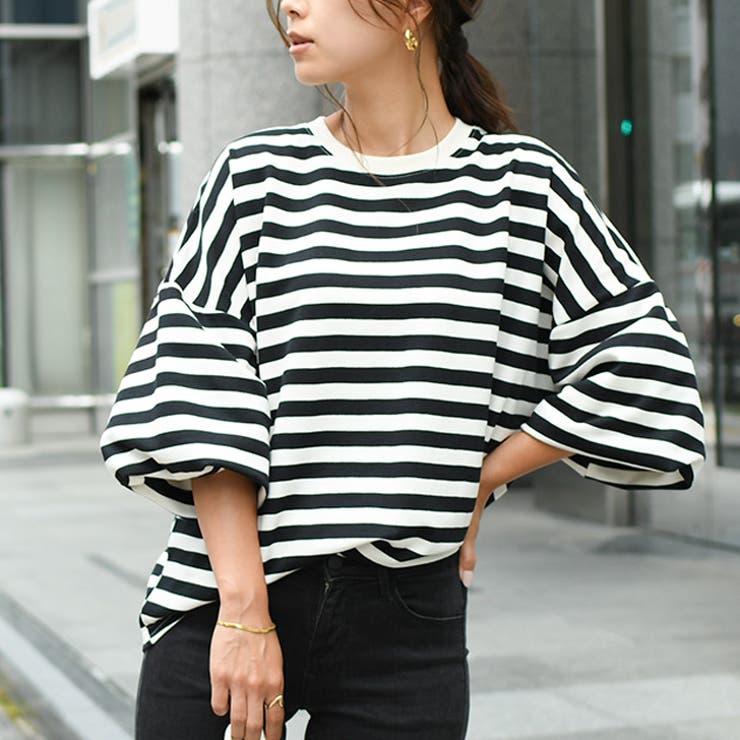 バルーンスリーブボーダー柄プルオーバー トップス カットソー[品番