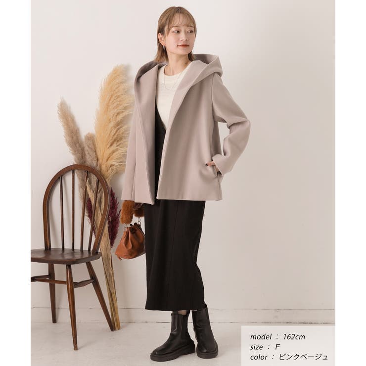 ウールタッチ フード付きショート丈コート[品番：ADEW0004269]｜ad