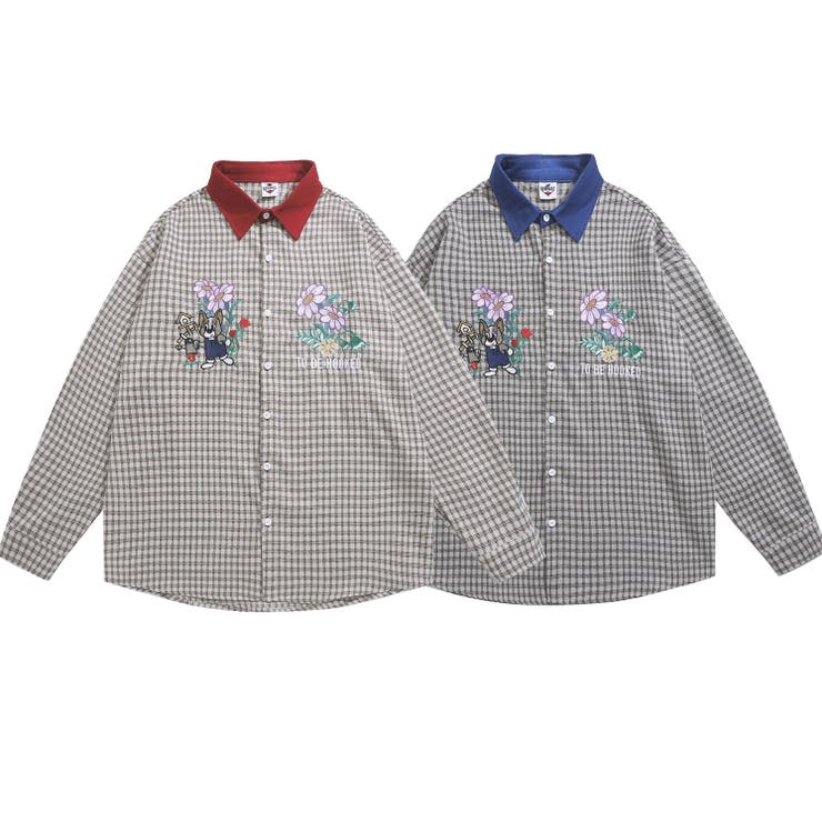 レトロ調可愛いワンちゃん刺繍チェック柄長袖シャツ[品番：XT000009622