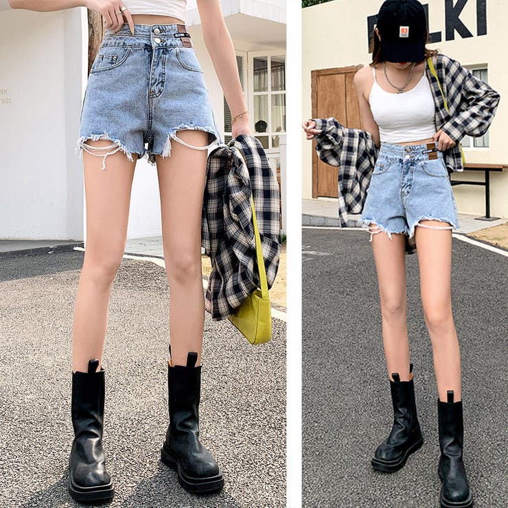 ダメージ加工デニムショートパンツ 韓国風[品番：AGCW0004294
