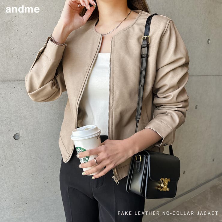 フェイクレザー ノーカラー ライダースジャケット[品番：AZ000002782