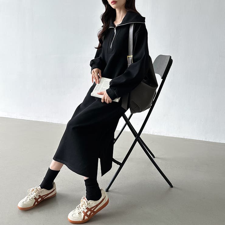 裏起毛 ハーフジップワンピース ロングワンピース[品番：COCW0006122