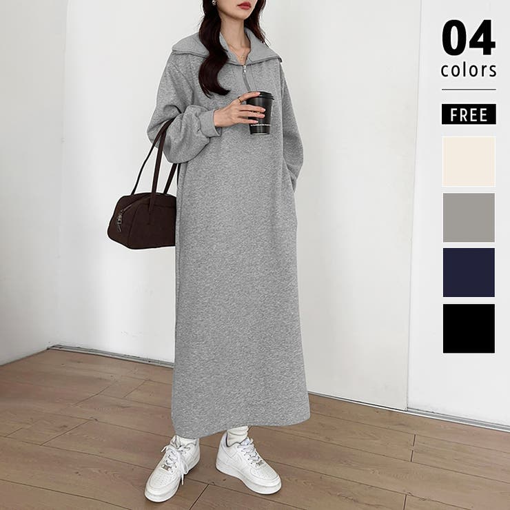 裏起毛 ハーフジップワンピース ロングワンピース[品番：COCW0006122