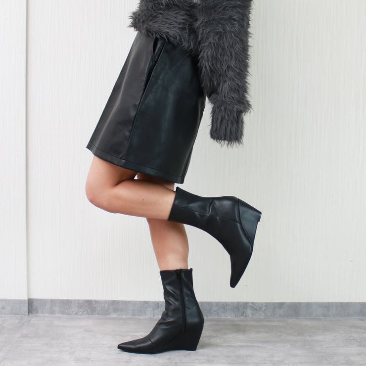 7.5cm☆ポインテッドトゥ ウェッジソール ショートブーツ[品番