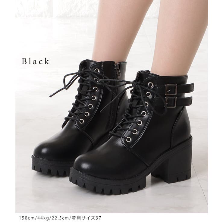 ダブルベルト付きレザー調レースアップショートブーツ 女性 レディース