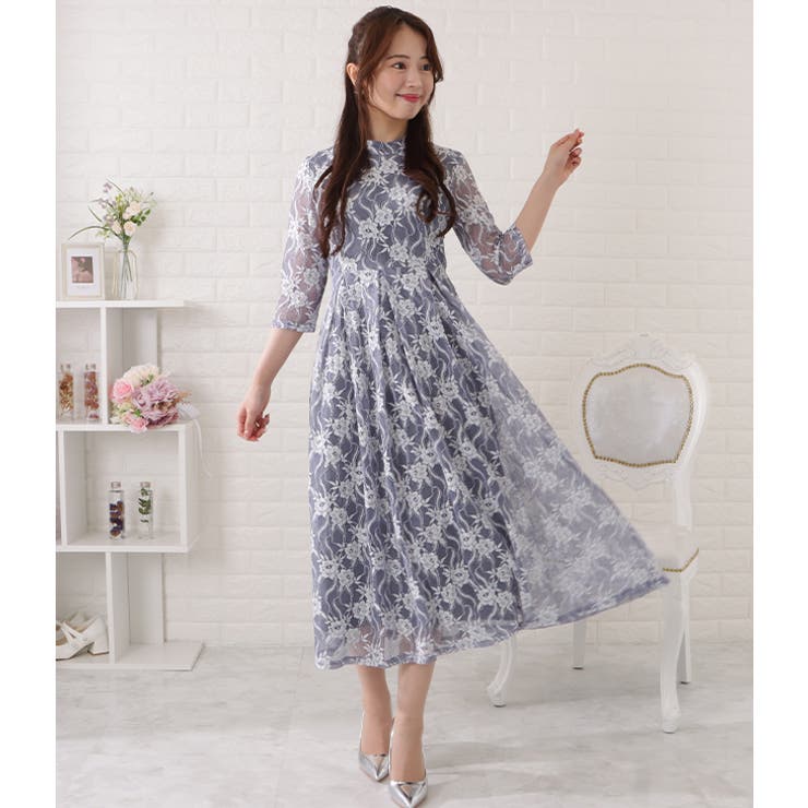 総レース5分袖タックワンピース 女性 レディース[品番：LCLW0003655