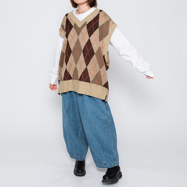 オーバーサイズアーガイル柄ニットベスト [品番：RADM0000892]｜MODISH