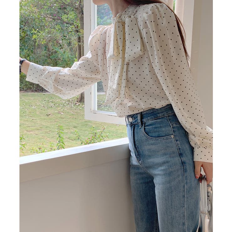 ドット柄ブラウス ネックリボン ボウタイ[品番：NETW0001869]｜Riff