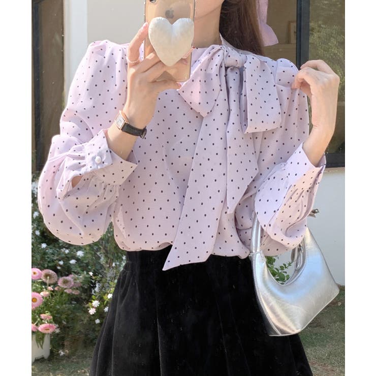 ドット柄ブラウス ネックリボン ボウタイ[品番：NETW0001869]｜Riff