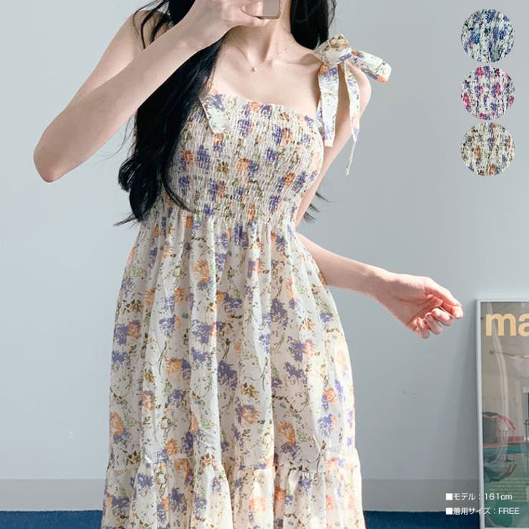 フラワー柄肩リボンキャミソールワンピース 韓国 春夏[品番