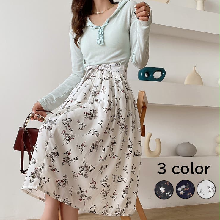 ウエストリボン付き花柄スカート ベルト付き 2点セット[品番